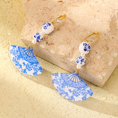 Vintage Blue & White Porcelain Fan Earrings - 925 Silver Posts for Harmony & Casual Elegance