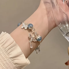 1pc Elegant Bohemian Bracelet - Pastel Blue Beads & Butterfly Charm for Harmony & Serenity