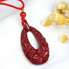 Cinnabar Flower Pendant Necklace - Feng Shui Good Luck & Prosperity Charm - Perfect Gift for Couples