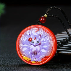 Hand-Painted Cinnabar Nine-Tailed Fox Pendant for Prosperity & Love, Unisex Spiritual Amulet with Lotus Design