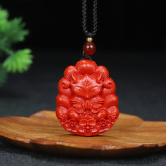 Cinnabar Nine-Tailed Fox Pendant for Wisdom, Protection & Prosperity