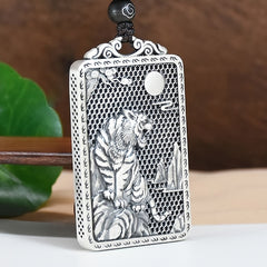 Elegant Tiger Necklace Pendant - Retro Alloy with Moon & Floral Design for Energy Protection & Zodiac Year of the Tiger Charm