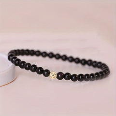 Natural Obsidian Beaded Bracelet - 14K Gold Plated Charm for Wealth Attraction & Spiritual Protection