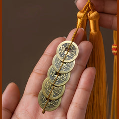 Auspicious Five-Emperor Coin Tassel (Set of 2) — Brass Gourd & Boxwood Lotus Feng-Shui Charm for Wealth Flow, Protection, and Harmonious Energy (13.78")