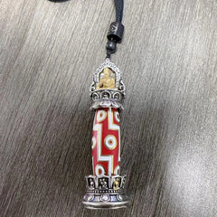 Authentic Tibetan Buddhist Nine-Eye Dzi Bead Pendant - Red & Golden Spiritual Jewelry with Buddhist Mantra