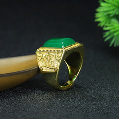Vintage Gold & Green Agate Men's Ring Tree of Life Design, Grounding & Vitality