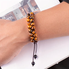 1pc Double Layer Triple Protection Tiger Eye Natural Stone Beaded Bracelet - Hand-Woven Bracelet with Black Onyx Accents for Spiritual Protection & Grounding