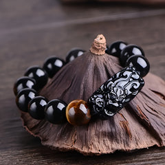 Cool Handsome Natural Obsidian Wealth Bracelet with Pixiu Tiger Eye Stone - Feng Shui Money Attracting Lucky Charm