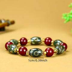 Vintage-Inspired Cinnabar & Tibetan Agate Beaded Bracelet for Men - Grounding, Protection, and Prosperity