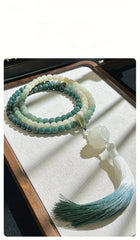 108-Bead Gradient Green–White Bodhi Root Mala — Lotus Charm for Mindful Harmony, Spiritual Balance & Grounding Energy