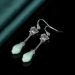 Elegant Lotus Flower Earrings - Silver Tone with Light Green Teardrop for Harmonious Energy