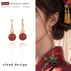 Vintage-Style Ruby Dangle Earrings with Auspicious Cloud Design Spiritual Energy Prosperity Charm