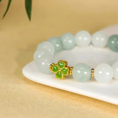 Natural Jade Beaded Bracelet with Four-Leaf Clover Charm for Luck & Serenity