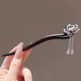 Wood Hairpin with Silver Lotus & Bell Accents - Ancient Style Pan Hair Accessories for Mindful Adornment