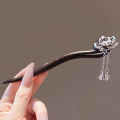 Wood Hairpin with Silver Lotus & Bell Accents - Ancient Style Pan Hair Accessories for Mindful Adornment