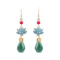 Vintage Tribal Blue Lotus Earrings - 24K Gold Plated Copper with Red Bead & Green Teardrop for Spiritual Harmony & Elegant Wear