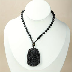 Vintage Dragon Pendant Necklace for Men - Black Resin Chameleon Amulet with Purple Light Effect