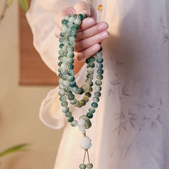 108pcs Natural Bodhi Bead Bracelet - Vintage Style Green Prayer Beads with White Accents, 10mm Handheld Meditation Mala Beads for Casual Attire