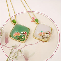 Elegant Natural Stone Pendant - Fish & Lotus Pond Design for Spiritual Harmony