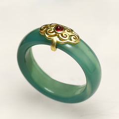 Gothic Natural Stone Ring - Unisex Couples Band with Green Jade & Red Gemstone for Beach Parties & Festivals