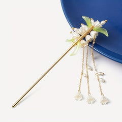 Tassel Habohemian ethnic design, mind-body-spirit balance, golden metal design, white pearl accents, green leaf motifs, imitation pearls, detailed craftsmanship, weddings and formal events, sirpin - Bohemian Ethnic Design for Mind-Body-Spirit Balance