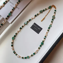 1pc Elegant Faux Pearl & Malachite Beaded Necklace - Green & White Freshwater Pearl Jewelry with Golden-Tone Accents for Spring-Autumn Fashion Accessories