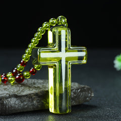 Boho Style Unisex Amber Cross Pendant Necklace - Green Energy for Spiritual Protection & Easter Celebration