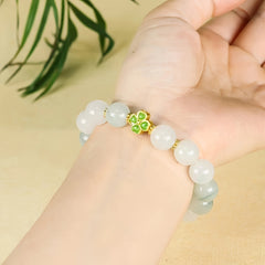 Natural Jade Beaded Bracelet with Four-Leaf Clover Charm for Luck & Serenity