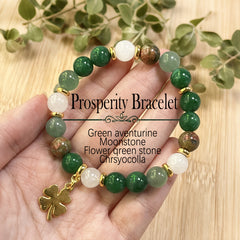 Green Aventurine & Chrysocolla Beaded Bracelet - Four-Leaf Clover Charm for Prosperity & Vintage Bohemian Style