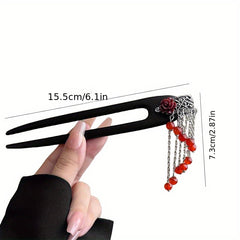 Elegant Chinese Hairpin - Vintage Asian Hair Stick with Red Tassels & Floral Accent
