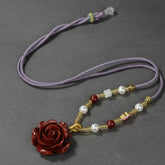 High-Content Cinnabar and Purple Golden Sand Rose Flower Carved Pendant for Eternal Love, Passion and Spiritual Protection