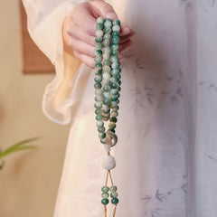108pcs Natural Bodhi Bead Bracelet - Vintage Style Green Prayer Beads with White Accents, 10mm Handheld Meditation Mala Beads for Casual Attire