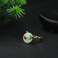 Elegant White Jade Court Ring with Gold Flower Prosperity, Protection, and Spiritual Harmony