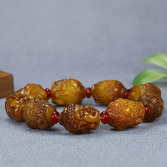 Amber Buddha Head Bracelet with Red Agate for Wealth, Protection, and Spiritual Balance