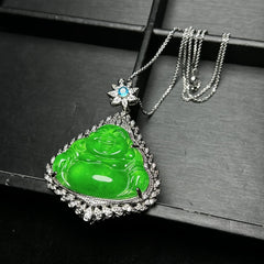 Icy Green Jade Laughing Buddha Pendant for Abundance, Serenity & Spiritual Protection
