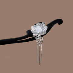 Vintage Floral Hairpin - Elegant Wooden Hair Stick with Silver Tassels for Mindful Energy & Fairy-Tale Hairstyles