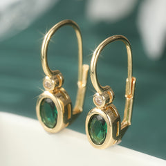 Elegant Golden Hoop Earrings with Synthetic Green Zirconia: Vintage French Style for Weddings & Spiritual Harmony