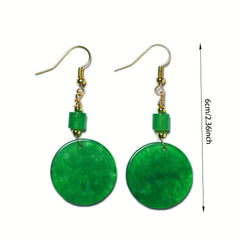 Natural Stone Round Earrings - Elegant Green Gemstone Dangle with Golden-Tone Metal for Parties & Valentine's Day