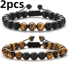 Tiger Eye Stone Bracelets for Grounding Energy - Handcrafted Adjustable Matte Black Beads