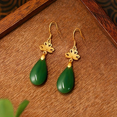 Golden-Plated Green Synthetic Stone Dripping Earrings Spiritual Energy Prosperity Charm for Dating & Vacation