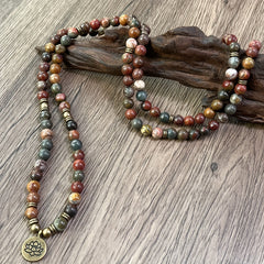 108 Mala Beads Picasso Jasper Bracelet: Bohemian Chakra Jewelry for Meditation & Spiritual Connection