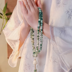 108pcs Natural Bodhi Bead Bracelet - Vintage Style Green Prayer Beads with White Accents, 10mm Handheld Meditation Mala Beads for Casual Attire