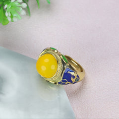 Vintage Court Style Women's Ring with Golden Agate and Blue Enamel
