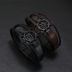 Retro Men's Magnetic Snap Rudder Bracelet - Fashion PU Alloy Energy Talisman