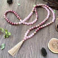 Rose Quartz & Rhodonite Mala Necklace — A String of Pauses for the Overthinking Mind