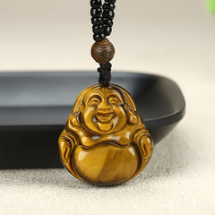 Hand-Carved Tiger's Eye Laughing Buddha Necklace for Protection and Abundance