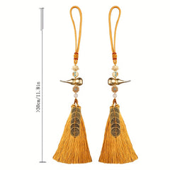 Auspicious Five-Emperor Coin Tassel (Set of 2) — Brass Gourd & Boxwood Lotus Feng-Shui Charm for Wealth Flow, Protection, and Harmonious Energy (13.78")