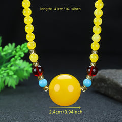 Elegant Amber Beaded Necklace with Peace Symbol for Calm and Joy - Casual Style, Natural Amber Jewelry