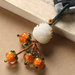 Lucky Persimmon Lotus Keychain – Energizing Orange Glass Persimmons with White Lotus, Heart Charm – Harmonious Luck & Prosperity