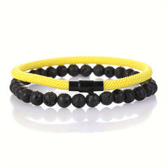 2pcs Minimalist Natural Stone Bracelet Set - Grounding Energy for Men's Daily Wear